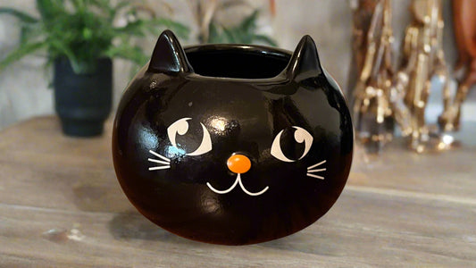 Small Black Ceramic Kitty Cat Planter